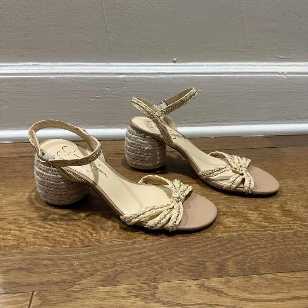 Jessica Simpson Kiesha Tan Metal Espadrille Block Heel Sandal Size 8.5